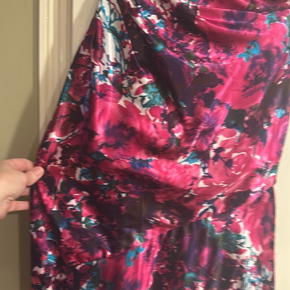 Stunning Cache Satin Floral Gown strapless with asymmetric lines train pink teal - Picture 9 of 11